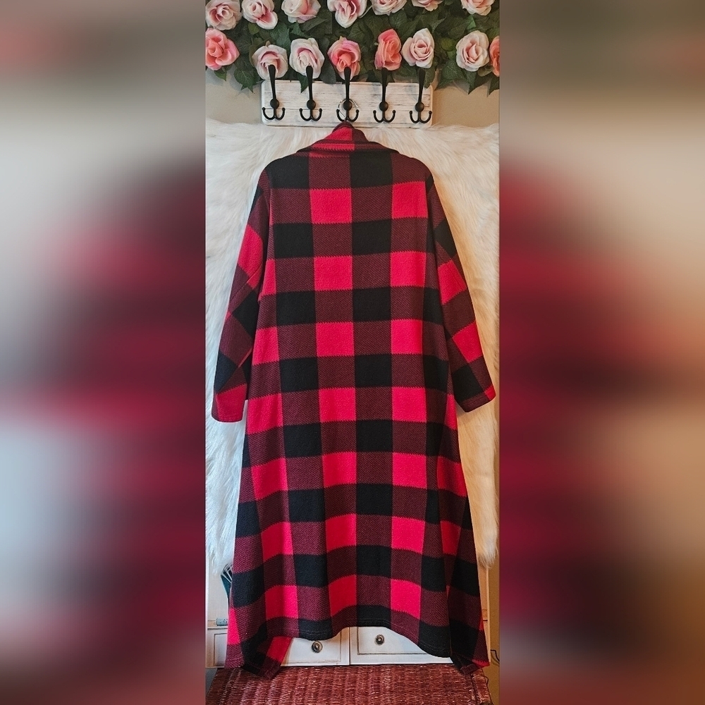 Winter Plaid Open Front Longline Fleece Jacket - Picture 4 of 8